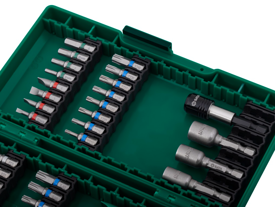 Shop the SATA 09337 44-Piece Power Tool Accessories Set: S2 alloy bits, magnetic nut drivers, quick-clamping extension rod. Color-coded bit sleeves.