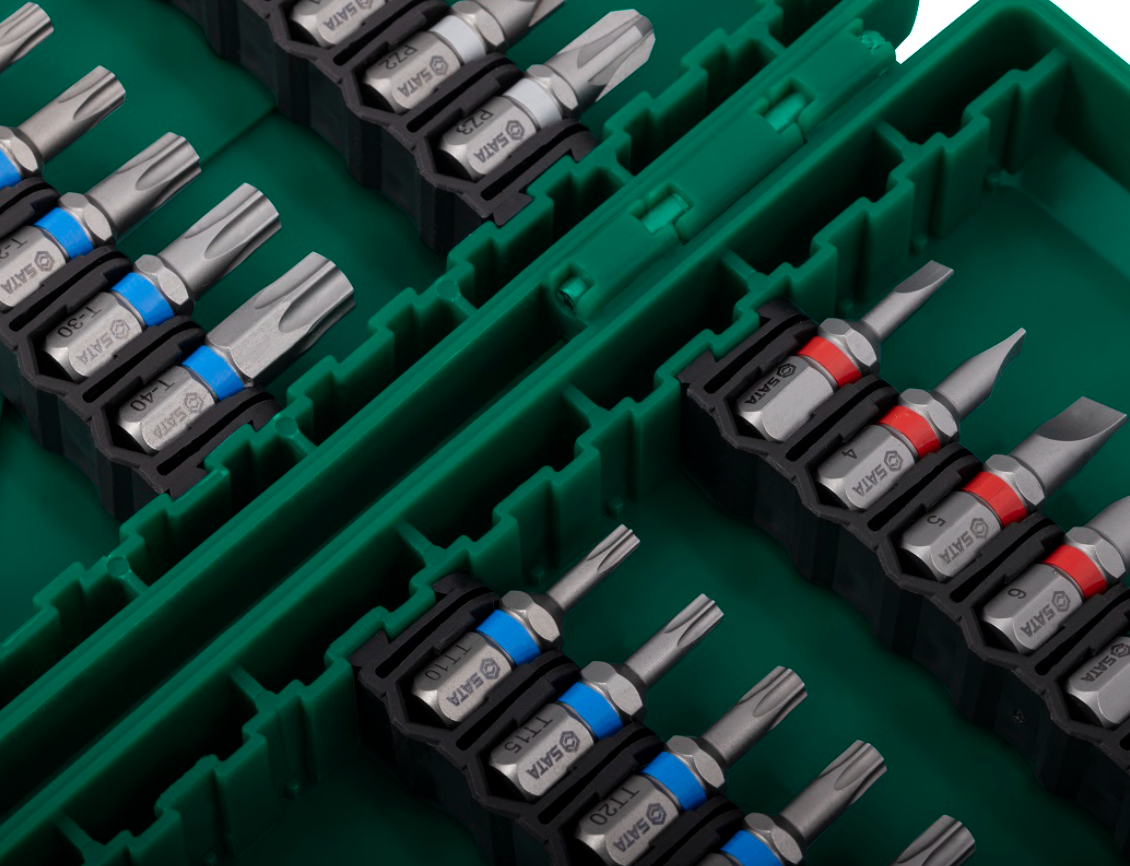 Shop the SATA 09337 44-Piece Power Tool Accessories Set: S2 alloy bits, magnetic nut drivers, quick-clamping extension rod. Color-coded bit sleeves.