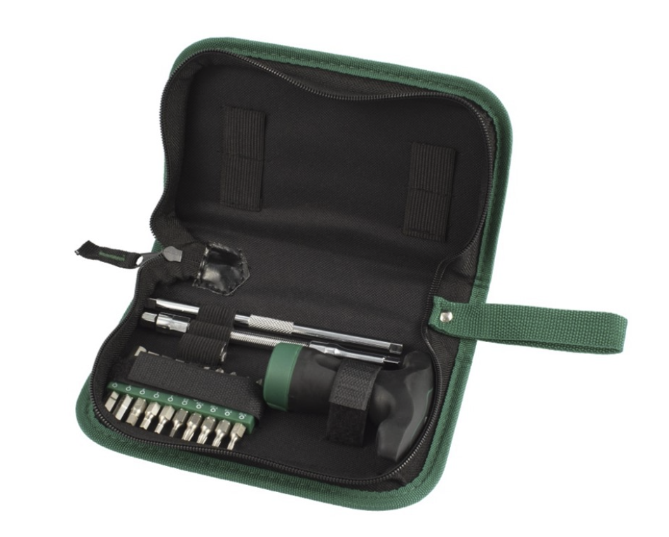 Shop the SATA 09341 24-Piece T-Handle Ratcheting Screwdriver Set: S2 bits, flex & socket extensions, PP+TPR grip. Includes waterproof nylon tool bag.