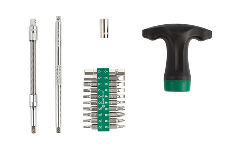 Shop the SATA 09341 24-Piece T-Handle Ratcheting Screwdriver Set: S2 bits, flex & socket extensions, PP+TPR grip. Includes waterproof nylon tool bag.