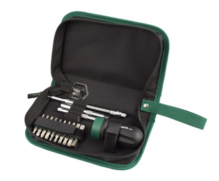 Shop the SATA 09342 25-Piece Stubby Handle Ratcheting Screwdriver Set: S2 bits, flex & socket extensions, compact grip for tight spaces. Nylon bag.