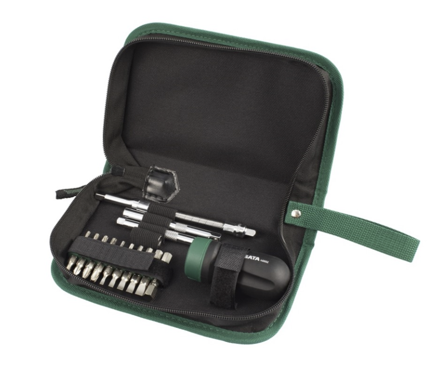 Shop the SATA 09342 25-Piece Stubby Handle Ratcheting Screwdriver Set: S2 bits, flex & socket extensions, compact grip for tight spaces. Nylon bag.