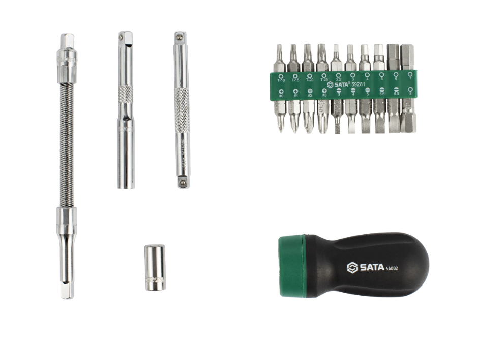 Shop the SATA 09342 25-Piece Stubby Handle Ratcheting Screwdriver Set: S2 bits, flex & socket extensions, compact grip for tight spaces. Nylon bag.