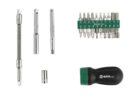 Shop the SATA 09342 25-Piece Stubby Handle Ratcheting Screwdriver Set: S2 bits, flex & socket extensions, compact grip for tight spaces. Nylon bag.