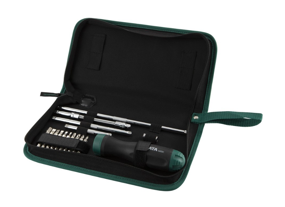 Shop the SATA 09343 26-Piece Standard Handle Ratcheting Screwdriver Set: S2 bits, 3 socket extensions, flex extension. Nylon bag, S2 alloy steel.