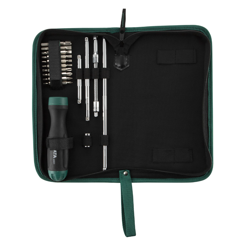 Shop the SATA 09343 26-Piece Standard Handle Ratcheting Screwdriver Set: S2 bits, 3 socket extensions, flex extension. Nylon bag, S2 alloy steel.