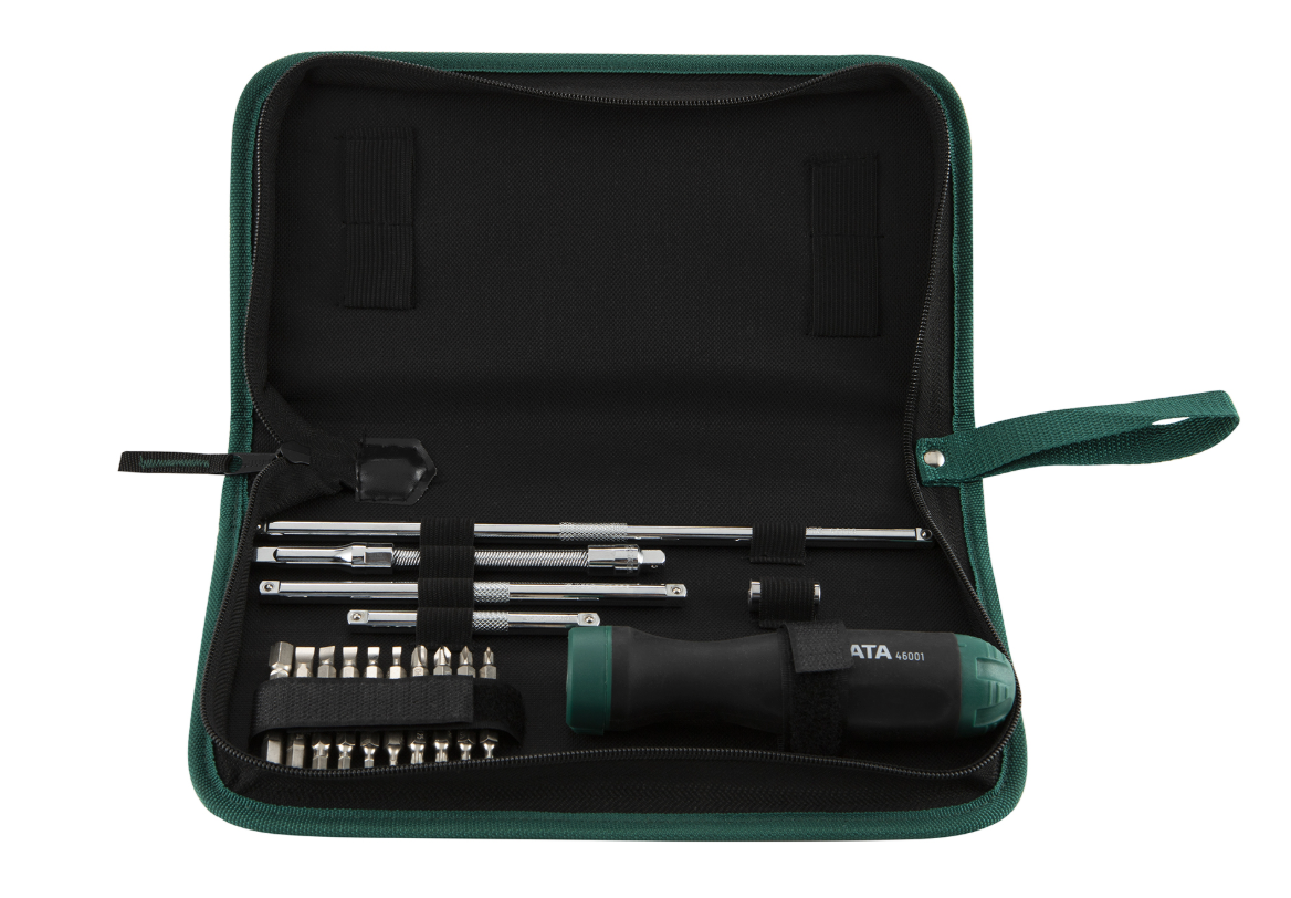 Shop the SATA 09343 26-Piece Standard Handle Ratcheting Screwdriver Set: S2 bits, 3 socket extensions, flex extension. Nylon bag, S2 alloy steel.