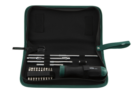 Shop the SATA 09343 26-Piece Standard Handle Ratcheting Screwdriver Set: S2 bits, 3 socket extensions, flex extension. Nylon bag, S2 alloy steel.