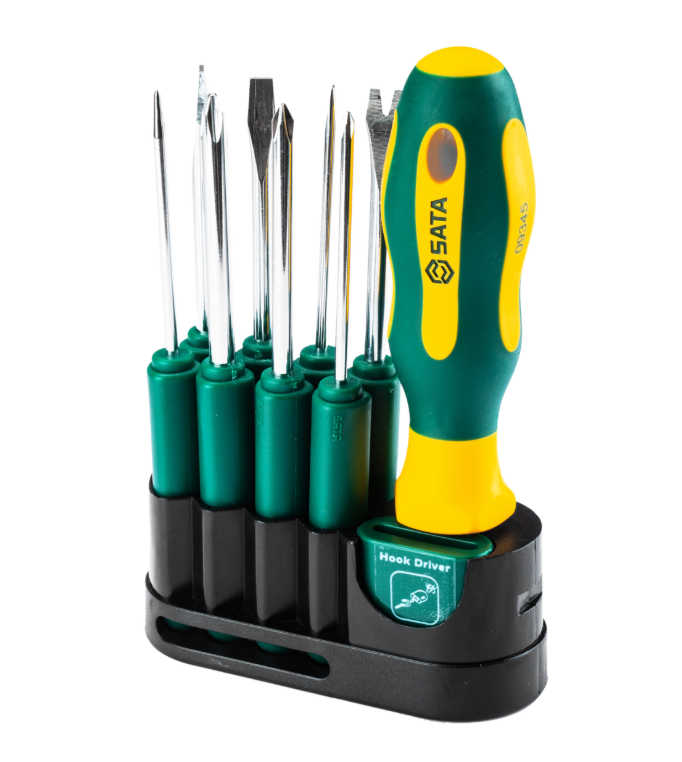 Shop the SATA 09345 10-Piece Interchangeable Screwdriver Set: SVCM bits, slotted, Phillips, nail puller, pointed cone. Heat-treated for durability.