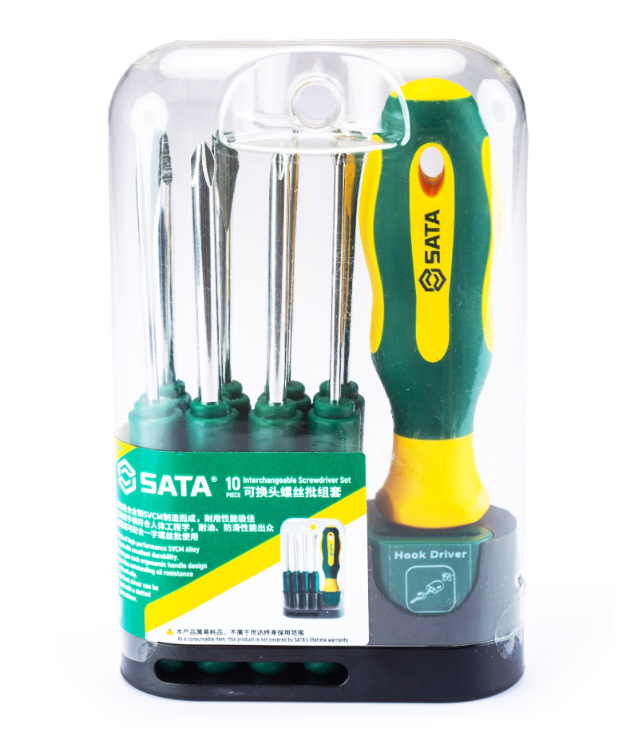 Shop the SATA 09345 10-Piece Interchangeable Screwdriver Set: SVCM bits, slotted, Phillips, nail puller, pointed cone. Heat-treated for durability.