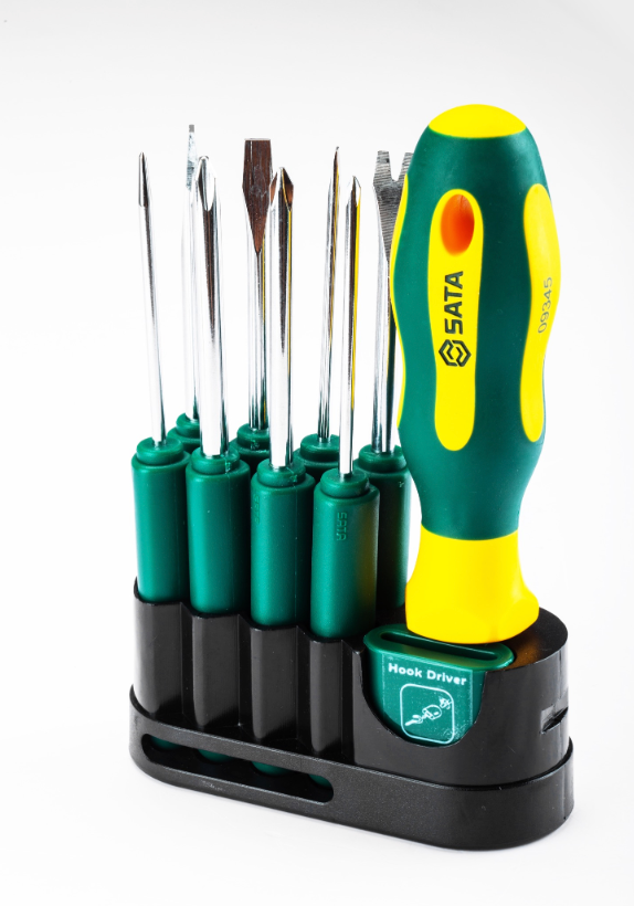 Shop the SATA 09345 10-Piece Interchangeable Screwdriver Set: SVCM bits, slotted, Phillips, nail puller, pointed cone. Heat-treated for durability.