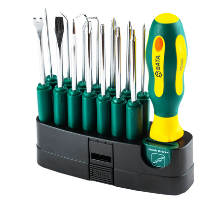 Shop the SATA 09346 16-Piece Interchangeable Screwdriver Set: SVCM bits, slotted, Phillips, Torx, hooks, nail puller. Heat-treated for durability.