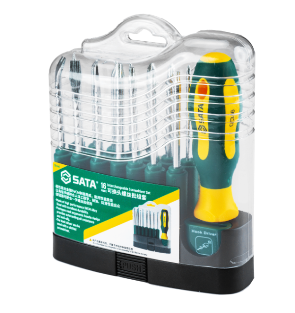 Shop the SATA 09346 16-Piece Interchangeable Screwdriver Set: SVCM bits, slotted, Phillips, Torx, hooks, nail puller. Heat-treated for durability.