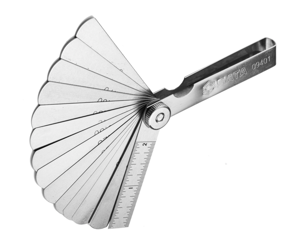 Shop the SATA 09401 14-Piece Feeler Gauge Set 0.05-1.00mm: Mn steel blades, polished finish, includes ruler. Precise gap measurement for mechanics.