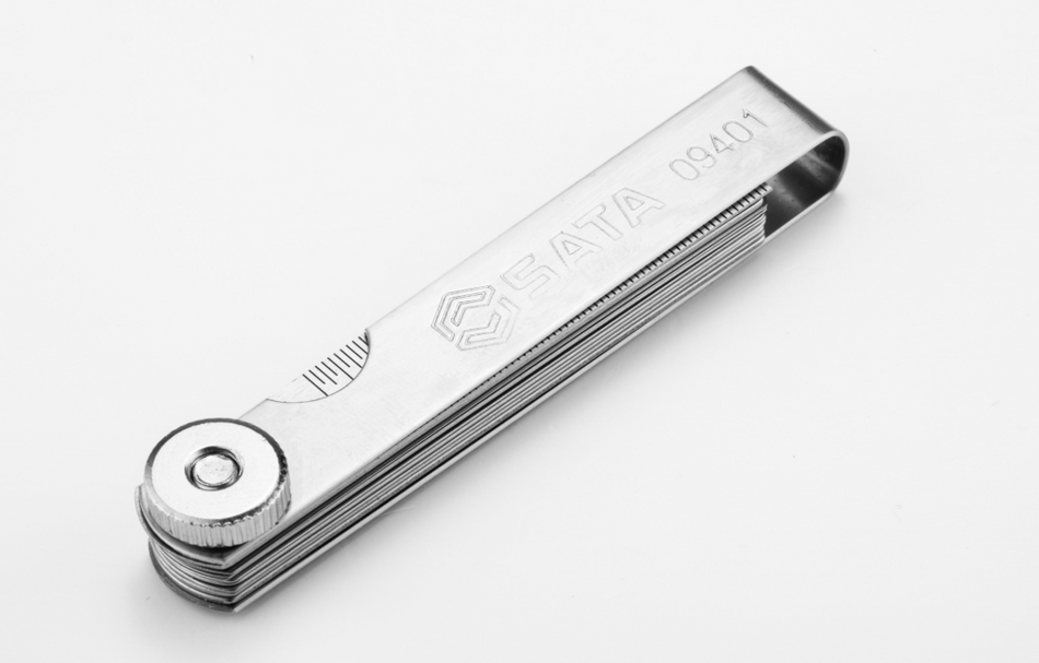 Shop the SATA 09401 14-Piece Feeler Gauge Set 0.05-1.00mm: Mn steel blades, polished finish, includes ruler. Precise gap measurement for mechanics.