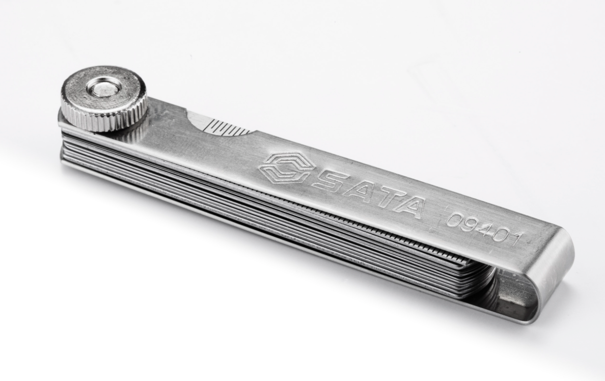 Shop the SATA 09401 14-Piece Feeler Gauge Set 0.05-1.00mm: Mn steel blades, polished finish, includes ruler. Precise gap measurement for mechanics.