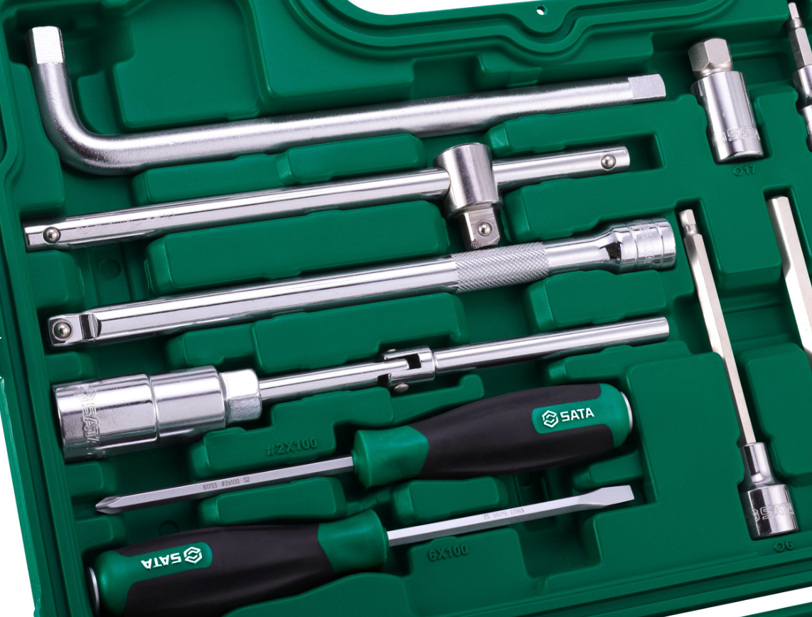 Shop the SATA 09508 50-Piece Automotive Tool Set: 1/2" Dr sockets, wrenches, hex keys, multimeter & more. Complete mechanics kit in a durable case.