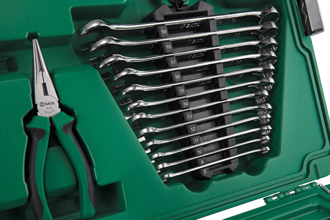Equip your workshop with the SATA 09516 58-piece mechanical repair tool set. Includes ratchets, wrenches, pliers, and more in a durable organized case.