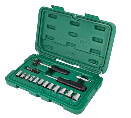 Get precision with the SATA 09521 21-piece 1/4" drive metric socket set. Includes ratchet, extension, and various bits in a compact, organized storage case.