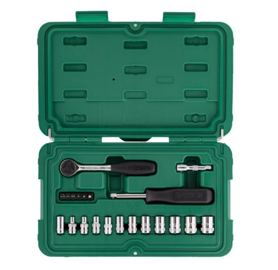 Get precision with the SATA 09521 21-piece 1/4" drive metric socket set. Includes ratchet, extension, and various bits in a compact, organized storage case.