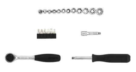 Get precision with the SATA 09521 21-piece 1/4" drive metric socket set. Includes ratchet, extension, and various bits in a compact, organized storage case.