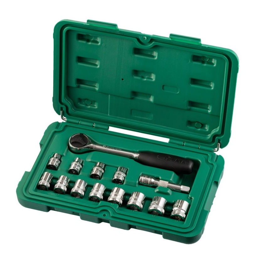Efficiently tackle repairs with the SATA 09523 14-piece 3/8" drive metric socket set. Includes a quick-release ratchet and durable storage case.