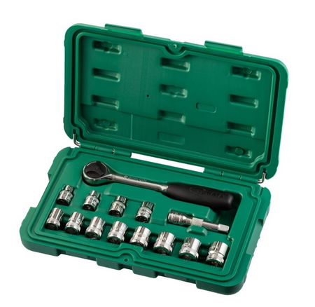 Efficiently tackle repairs with the SATA 09523 14-piece 3/8" drive metric socket set. Includes a quick-release ratchet and durable storage case.