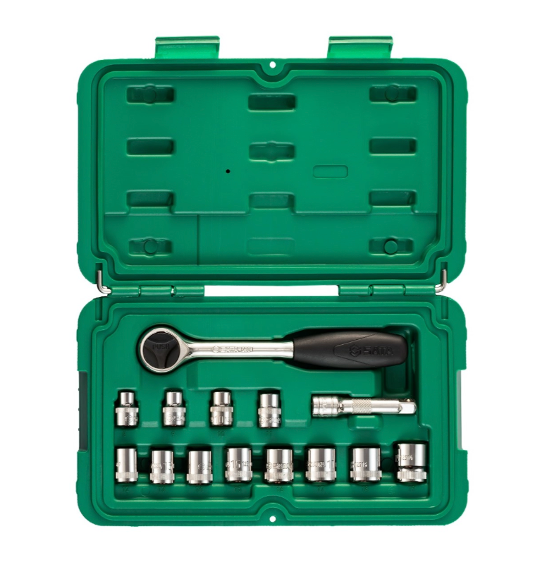 Efficiently tackle repairs with the SATA 09523 14-piece 3/8" drive metric socket set. Includes a quick-release ratchet and durable storage case.