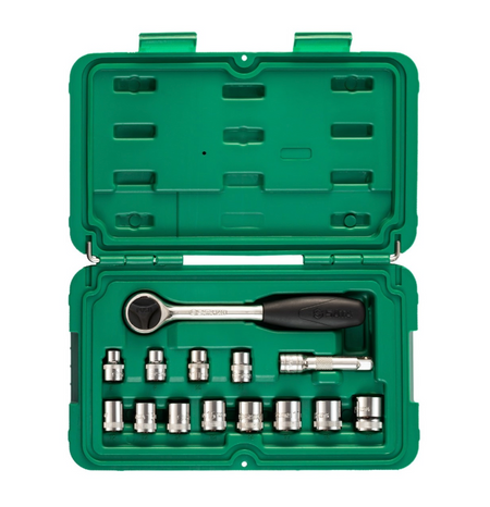 Efficiently tackle repairs with the SATA 09523 14-piece 3/8" drive metric socket set. Includes a quick-release ratchet and durable storage case.