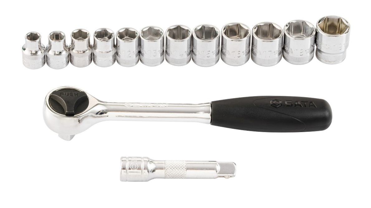 Efficiently tackle repairs with the SATA 09523 14-piece 3/8" drive metric socket set. Includes a quick-release ratchet and durable storage case.