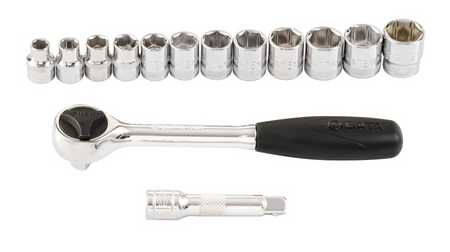 Efficiently tackle repairs with the SATA 09523 14-piece 3/8" drive metric socket set. Includes a quick-release ratchet and durable storage case.