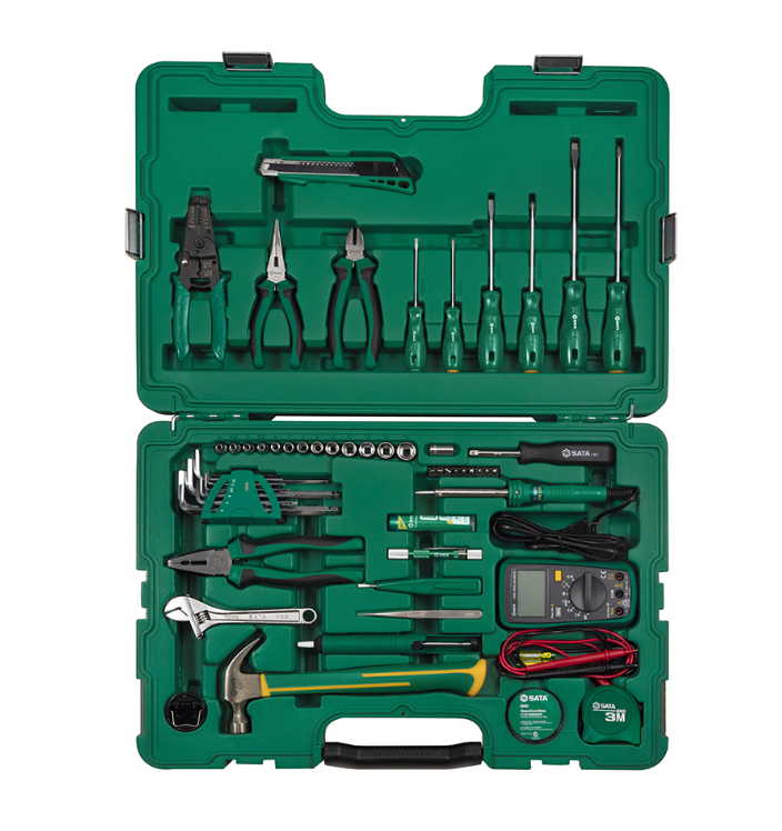 Tackle telecom repairs with the SATA 09536 61-piece tool set. Includes multimeter, soldering iron, pliers, and more in a durable, organized carrying case.