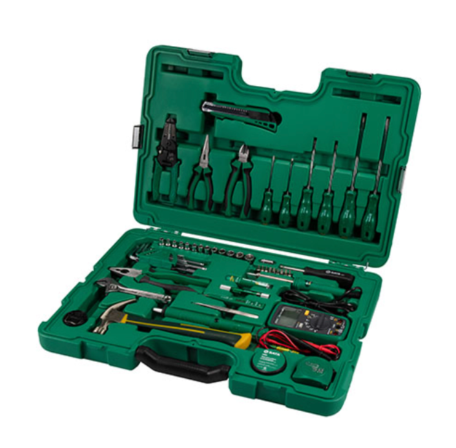 Tackle telecom repairs with the SATA 09536 61-piece tool set. Includes multimeter, soldering iron, pliers, and more in a durable, organized carrying case.