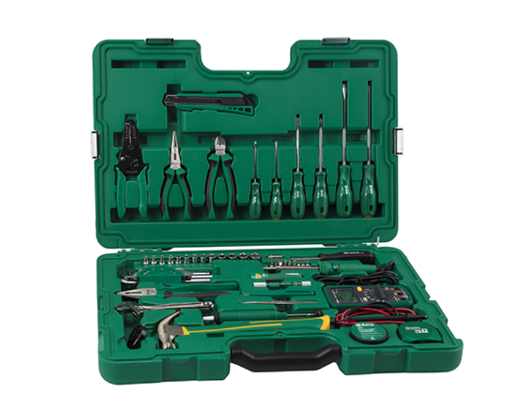 Tackle telecom repairs with the SATA 09536 61-piece tool set. Includes multimeter, soldering iron, pliers, and more in a durable, organized carrying case.
