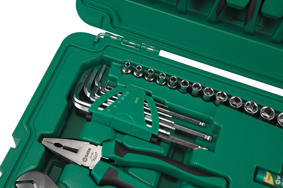 Tackle telecom repairs with the SATA 09536 61-piece tool set. Includes multimeter, soldering iron, pliers, and more in a durable, organized carrying case.