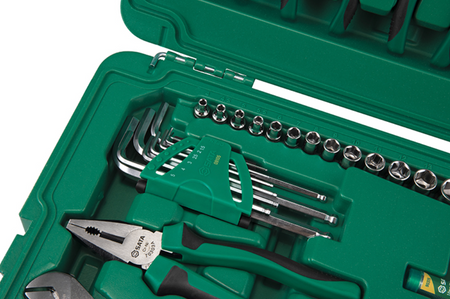 Tackle telecom repairs with the SATA 09536 61-piece tool set. Includes multimeter, soldering iron, pliers, and more in a durable, organized carrying case.