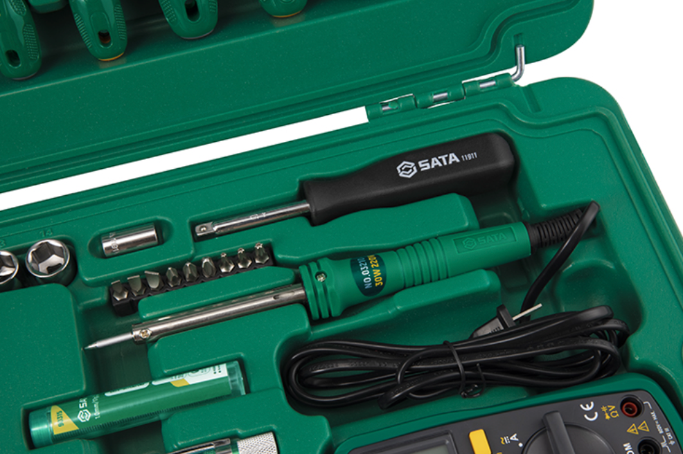 Tackle telecom repairs with the SATA 09536 61-piece tool set. Includes multimeter, soldering iron, pliers, and more in a durable, organized carrying case.