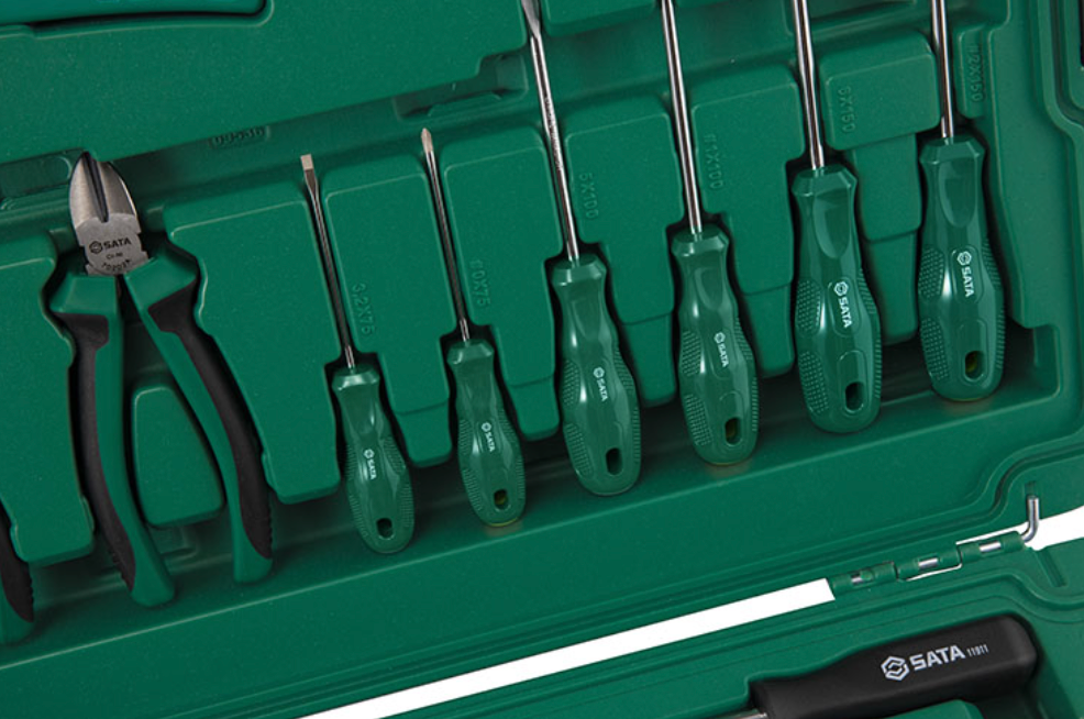 Tackle telecom repairs with the SATA 09536 61-piece tool set. Includes multimeter, soldering iron, pliers, and more in a durable, organized carrying case.