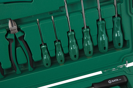 Tackle telecom repairs with the SATA 09536 61-piece tool set. Includes multimeter, soldering iron, pliers, and more in a durable, organized carrying case.