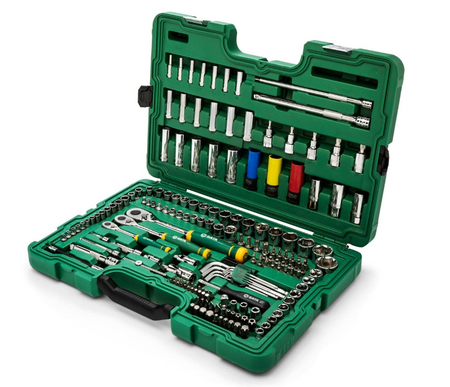 Master any job with the SATA 09546G 180-piece metric ratchet & socket set. Includes 1/4", 3/8", and 1/2" drives in a robust, organized storage case.