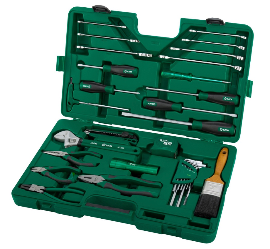 Keep elevators running with the SATA 09551 33-piece repair tool set. Includes specialized wrenches, pliers, and testing tools in a durable, organized case.