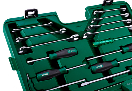 Keep elevators running with the SATA 09551 33-piece repair tool set. Includes specialized wrenches, pliers, and testing tools in a durable, organized case.