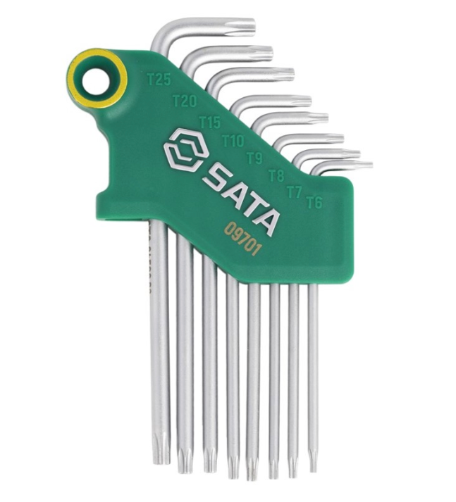 Securely fasten with the SATA 09701 8-piece tamper-proof Torx® key set. Crafted from durable S2 alloy steel with a rust-resistant chrome-plated mist finish.