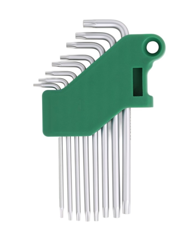 Securely fasten with the SATA 09701 8-piece tamper-proof Torx® key set. Crafted from durable S2 alloy steel with a rust-resistant chrome-plated mist finish.