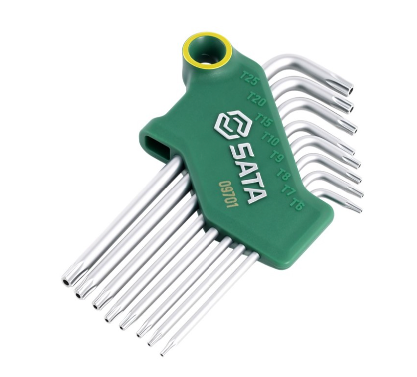 Securely fasten with the SATA 09701 8-piece tamper-proof Torx® key set. Crafted from durable S2 alloy steel with a rust-resistant chrome-plated mist finish.