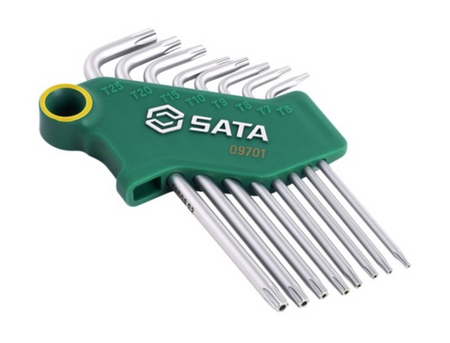 Securely fasten with the SATA 09701 8-piece tamper-proof Torx® key set. Crafted from durable S2 alloy steel with a rust-resistant chrome-plated mist finish.