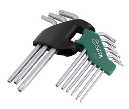 Securely fasten with the SATA 09702 9-piece tamper-proof Torx® key set. Crafted from durable S2 alloy steel with a rust-resistant chrome-plated mist finish.