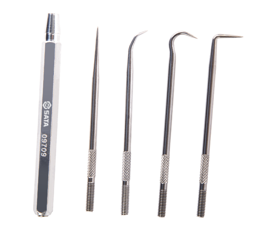 Effortlessly remove O-rings, seals, and cotter pins with the SATA 09709 5-piece hook & pick set. Features heat-treated durability and a handy magnetic grip.