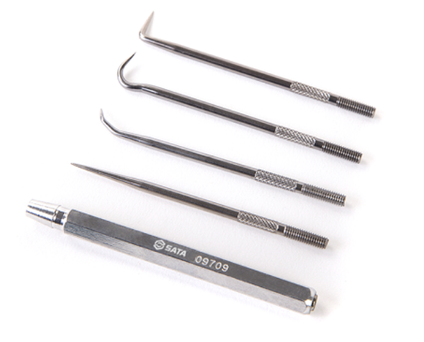 Effortlessly remove O-rings, seals, and cotter pins with the SATA 09709 5-piece hook & pick set. Features heat-treated durability and a handy magnetic grip.