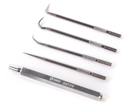 Effortlessly remove O-rings, seals, and cotter pins with the SATA 09709 5-piece hook & pick set. Features heat-treated durability and a handy magnetic grip.